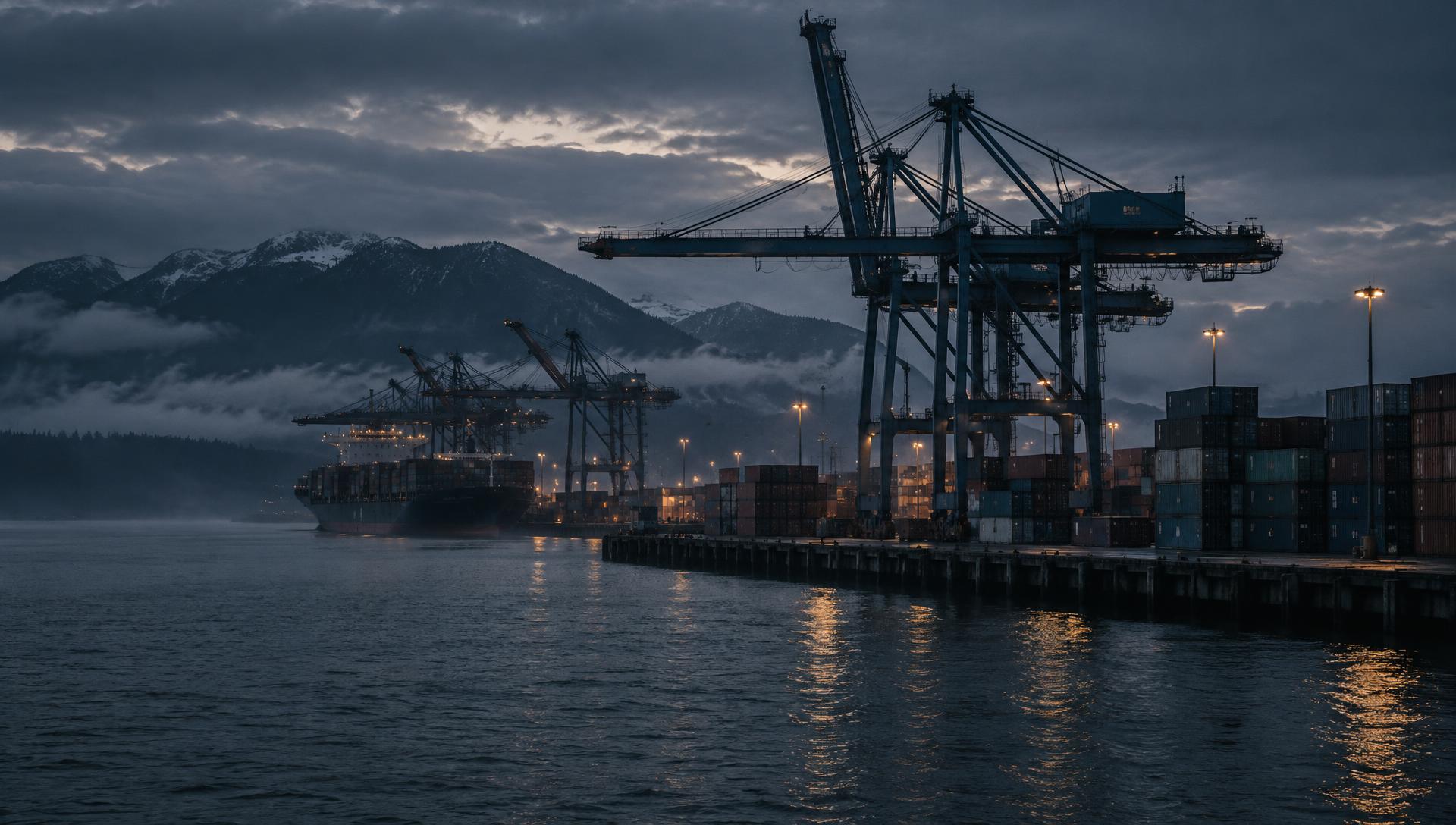 Industrial port at dusk with container operations